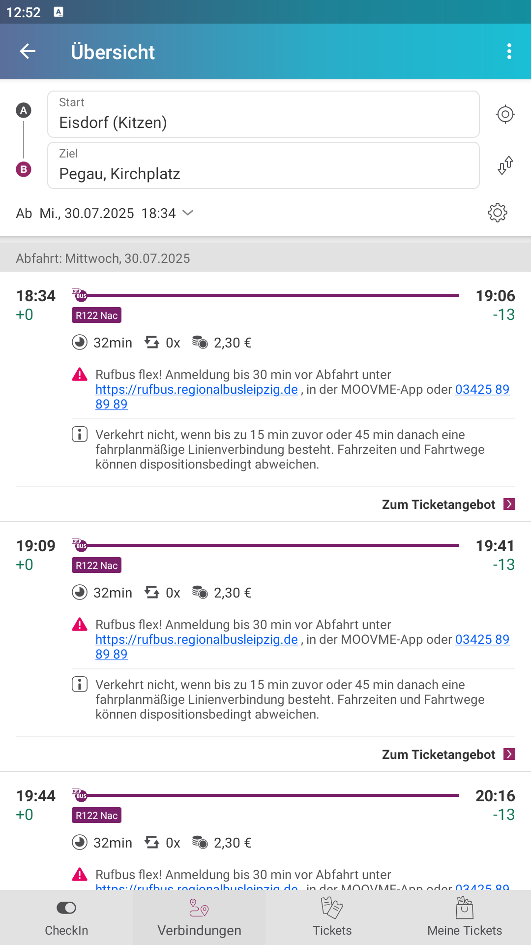 Screenshot: Anzeige verschiedener RufBus-Fahrten