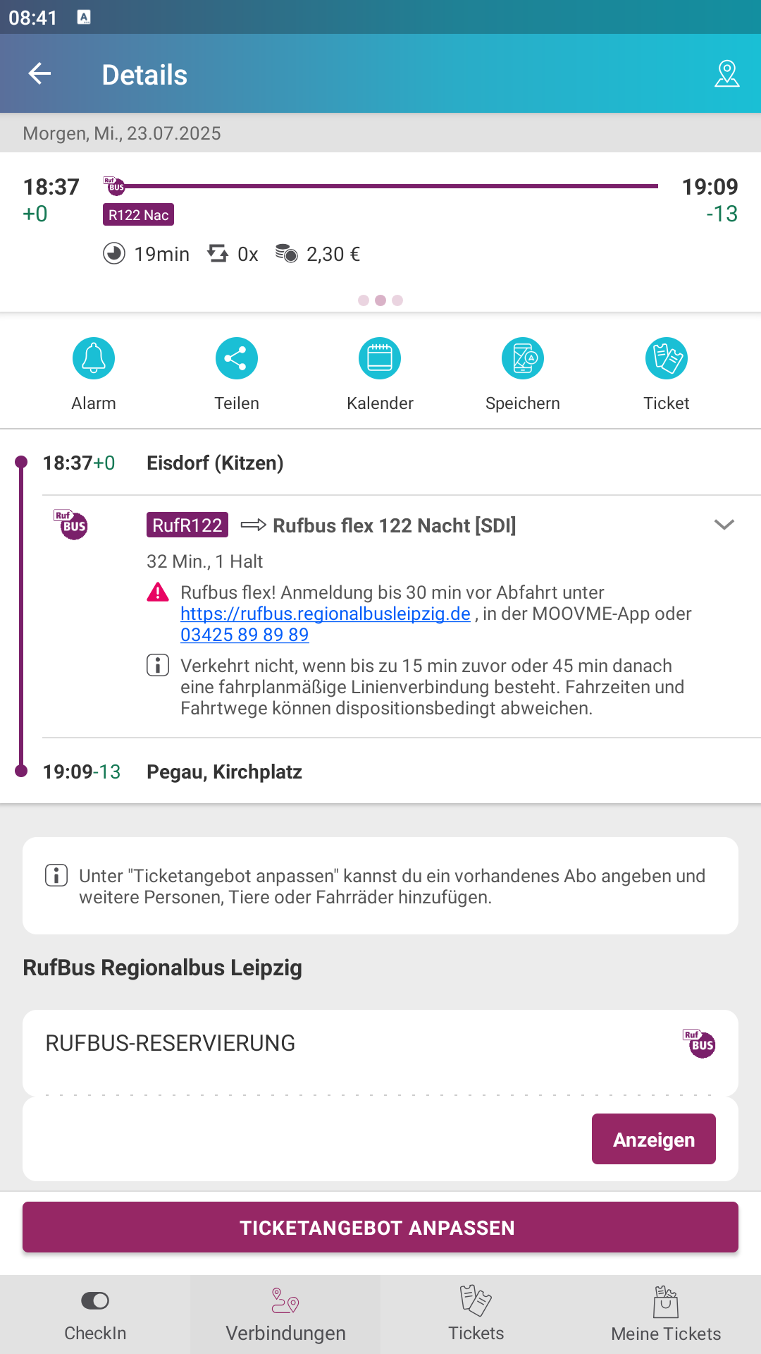 Screenshot: Details einer RufBus-Verbindung