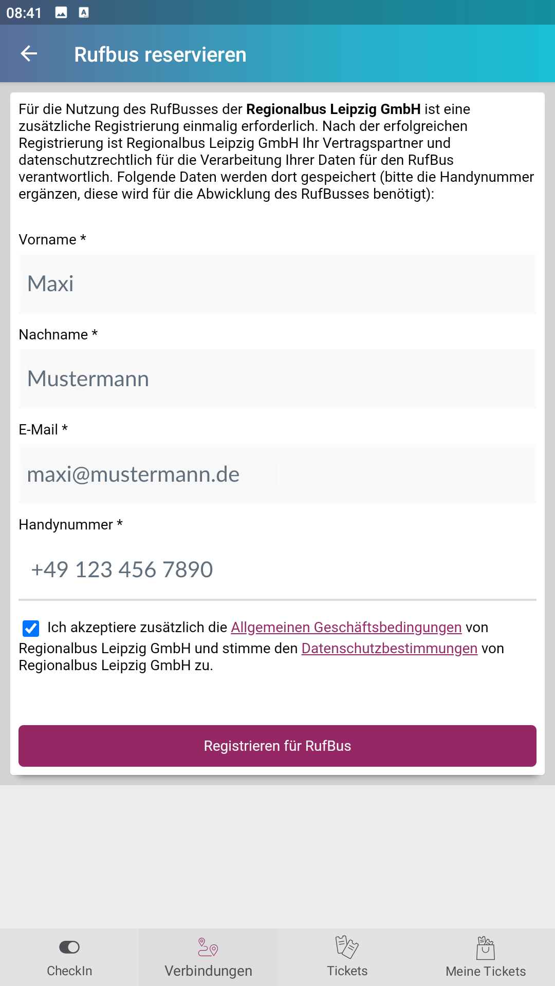 Screenshot: Maske zur Registrierung im RufBus-System