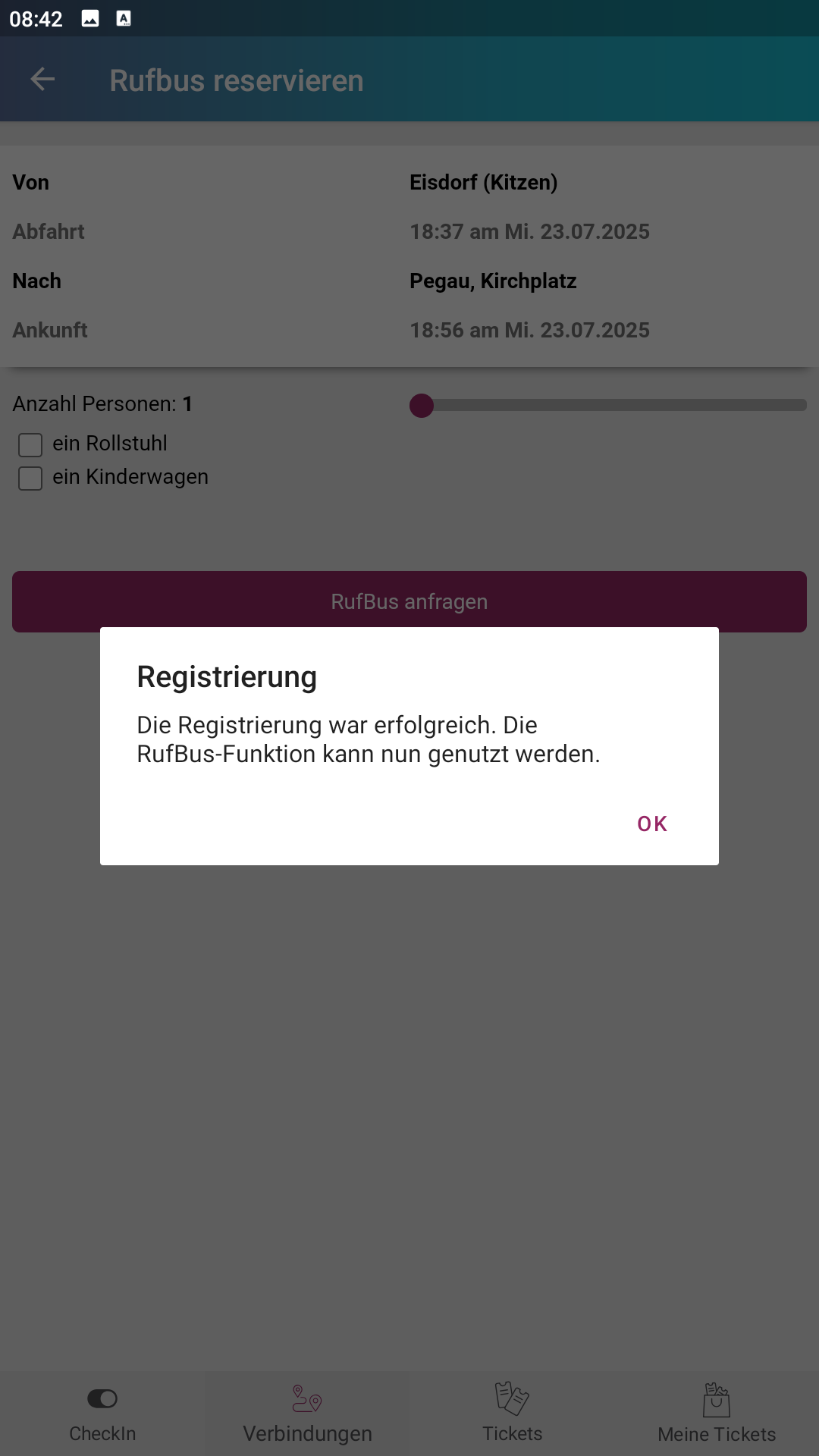 Screenshot: erfolgreiche Registrierung
